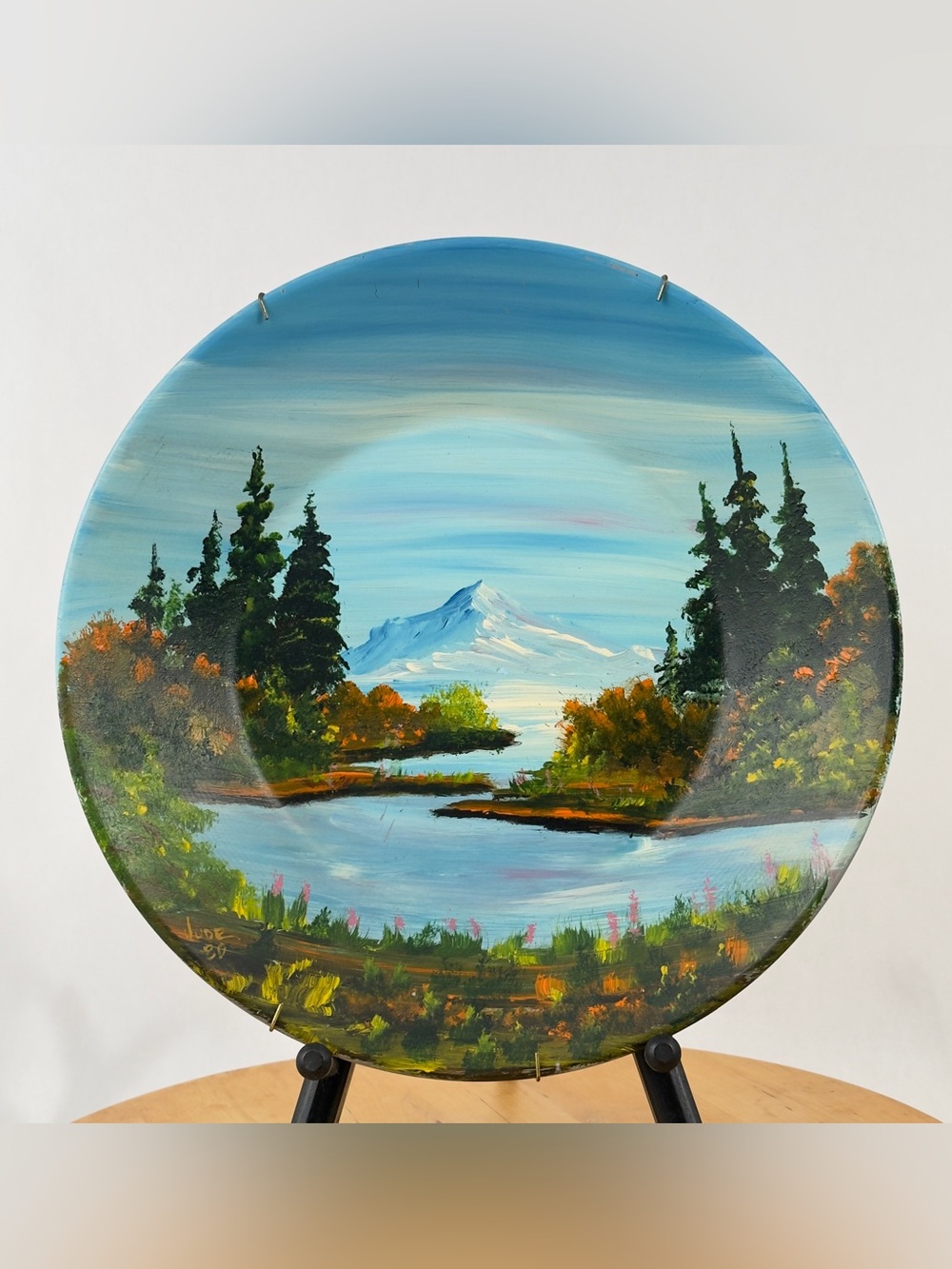 Vintage Hand Painted Wild Mountain Lake Scene on Metal Gold Mining Sluice Pan